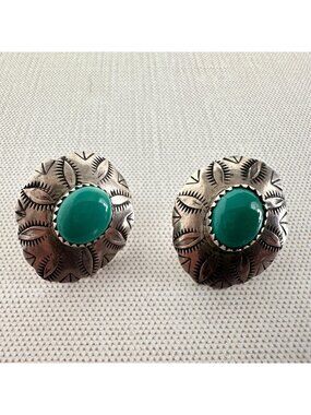 Native American Sterling Concho Earrings, Green Turquoise Cabochon, Signed SF, S